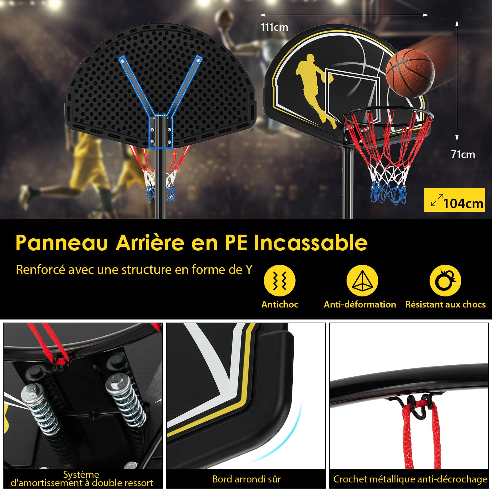 COSTWAY Panier de Basket-Ball sur Pieds Hauteur Réglable 130-305cm, Support de Basket Portable avec Roues et Base Rechargeable Résistant aux Intempéries, pour Intérieure & Extérieure