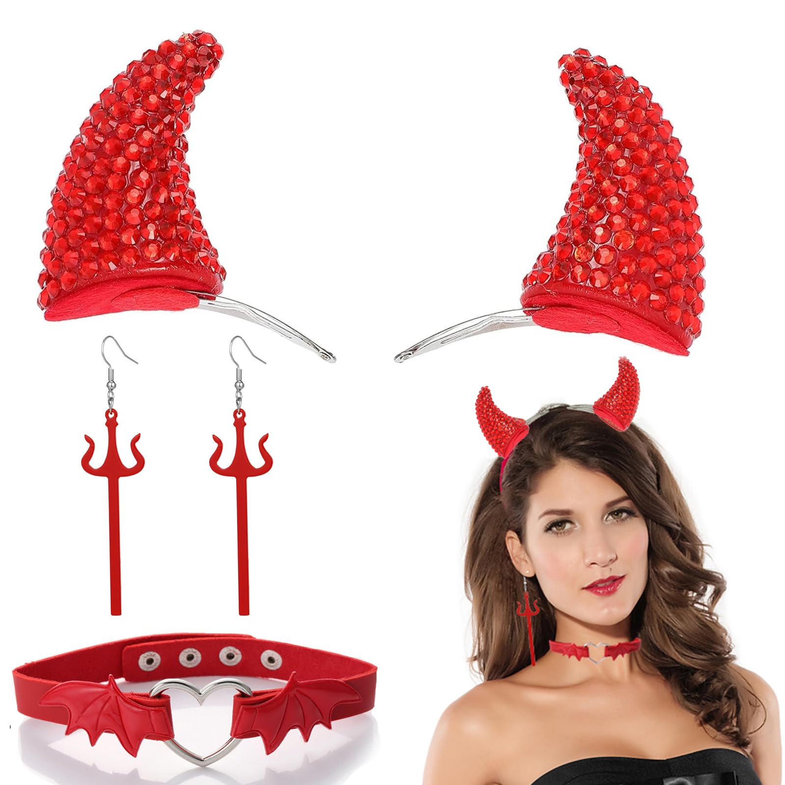 Halloween Devil Costume Accessory Devil Horns Hair Clips Devil Choker Necklace Earrings for Women Halloween Dress Up Cosplay Accessories