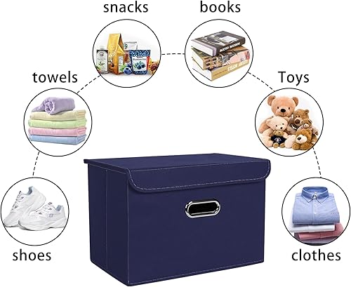 Miniatura 3 de SEVENDOME Cubo de almacenamiento plegable de tela de lino con tapa, asas de cuero, divisor extraíble para el hogar, armario, azul marino, 3 unidades