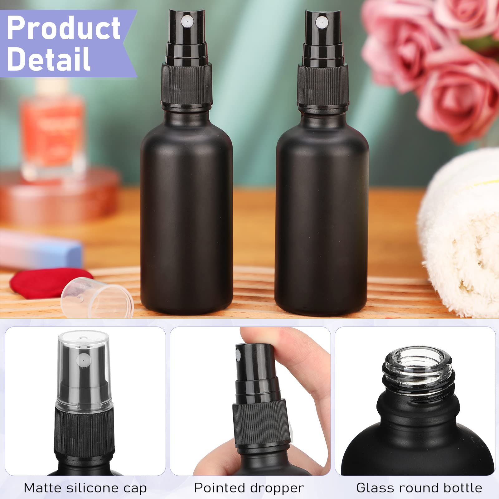 Nuogo 100 flaconi spray in vetro da 56,7 ml, flaconi per cosmetici riutilizzabili, vuoti, piccoli, con 10 contagocce, 5 imbuti, spazzole per soluzioni di pulizia degli oli essenziali (nero)