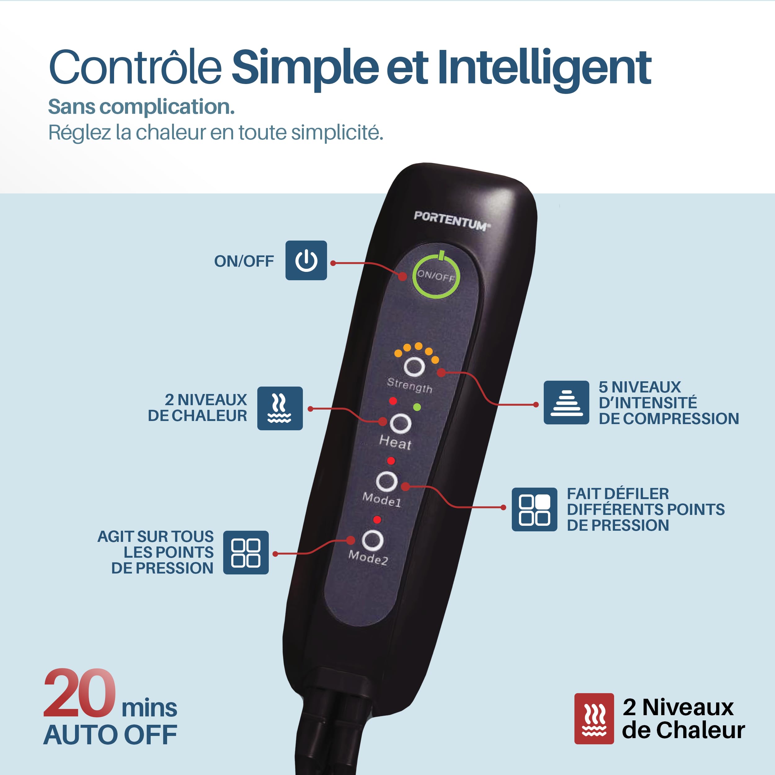 PORTENTUM Bottes de pressothérapie avec chaleur réglable – 5 niveaux de compression d’air – Télécommande – Favorise le drainage lymphatique – Soulage la sensation de fatigue et de lourdeur