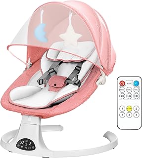 FK Sports Baby Bouncer Swing Chair from Birth, 5-Point Harness with Remote Control, 3-Stage Timer, 5-Speed Baby Swing Soft Padded Seat & 2 Plush Toys (Pink)