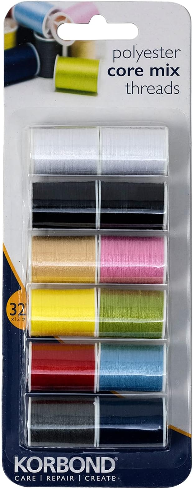 Korbond CORE Mix Polyester Thread Selection by Korbond-12 x 32m spools – 10 Colours – 384 metres – Hand and Machine Sewing, Repairs, Crafting, White