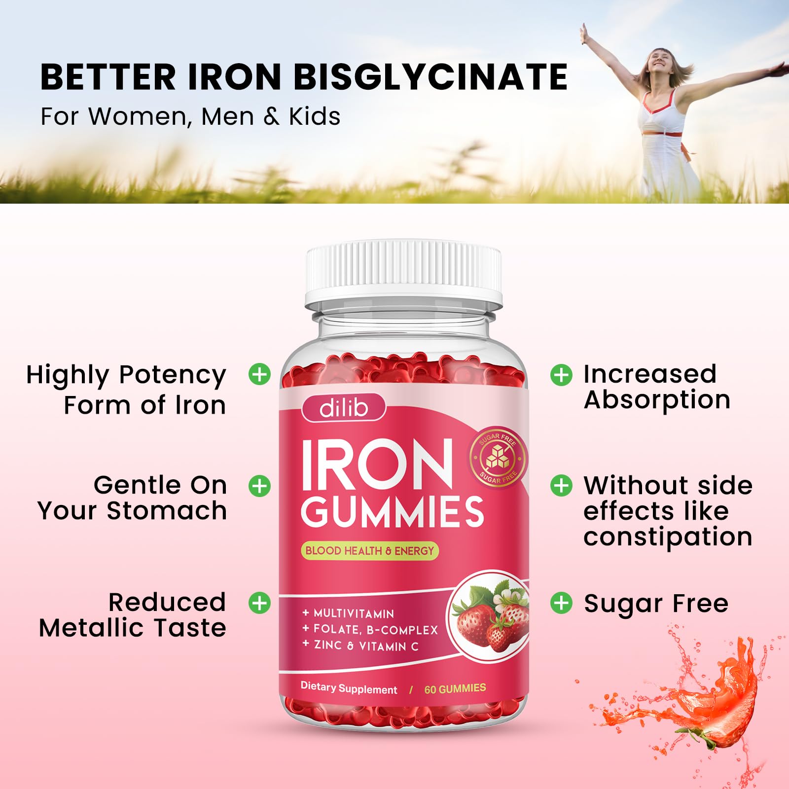 Iron Gummies with Multivitamin, Iron Supplement for Women & Men with Zinc, Vitamin B Complex & C, B12, Folate - Blood Builder & Energy Support for Adults & Kids - Strawberry Flavor, Vegan 60 Gummies — Amazon image 2