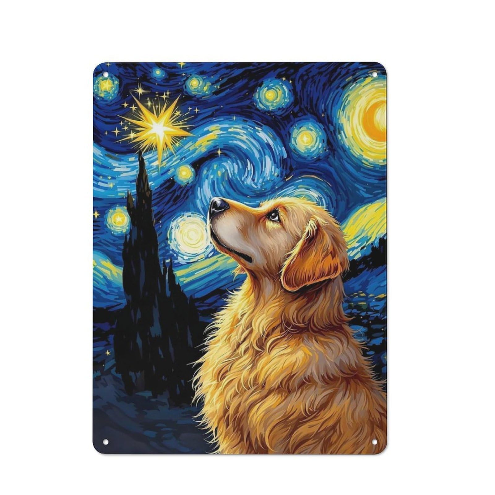Junmoney Style-7 40X30cm Rustic Tin Sign With Golden Retriever Starry Night For Studio Or Craft Room, Tin Sign Wall Decor For Studios And Craft Rooms
