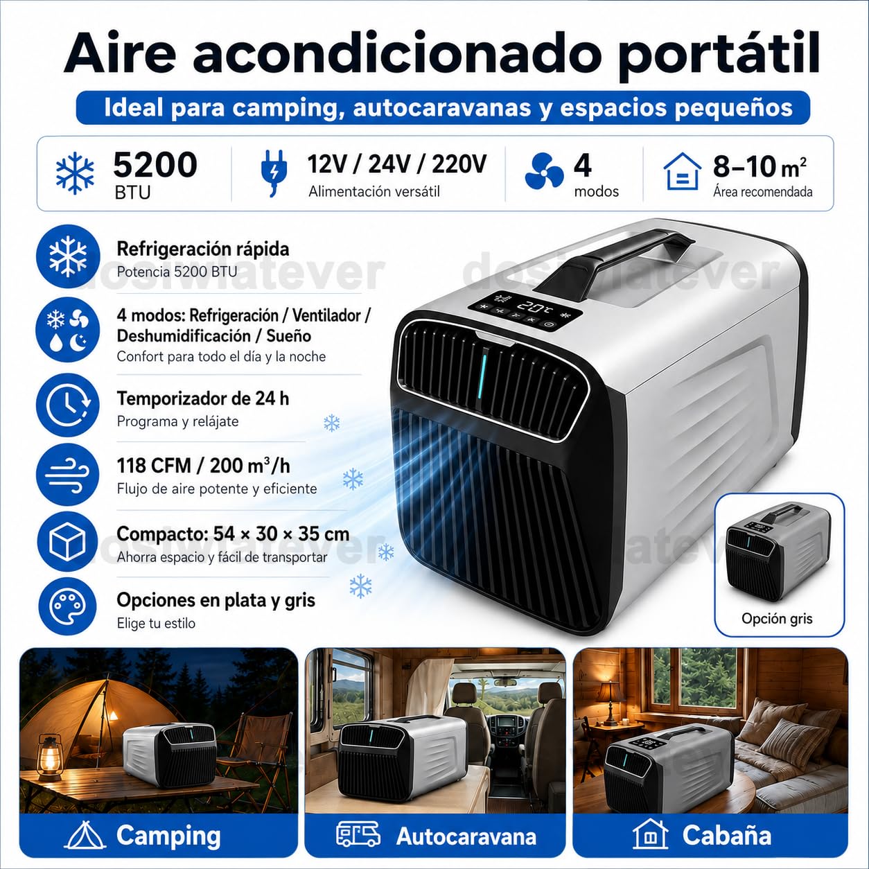 Aire Acondicionado Portatil 12V 24V para Caravana y Camping, 5200 BTU, 4 Modos Frío/Ventilador/Deshumidificación/Sueño, Temporizador 24h, Mando, para Casa, Coche, Camper y Viajes Cortos Silver-220V