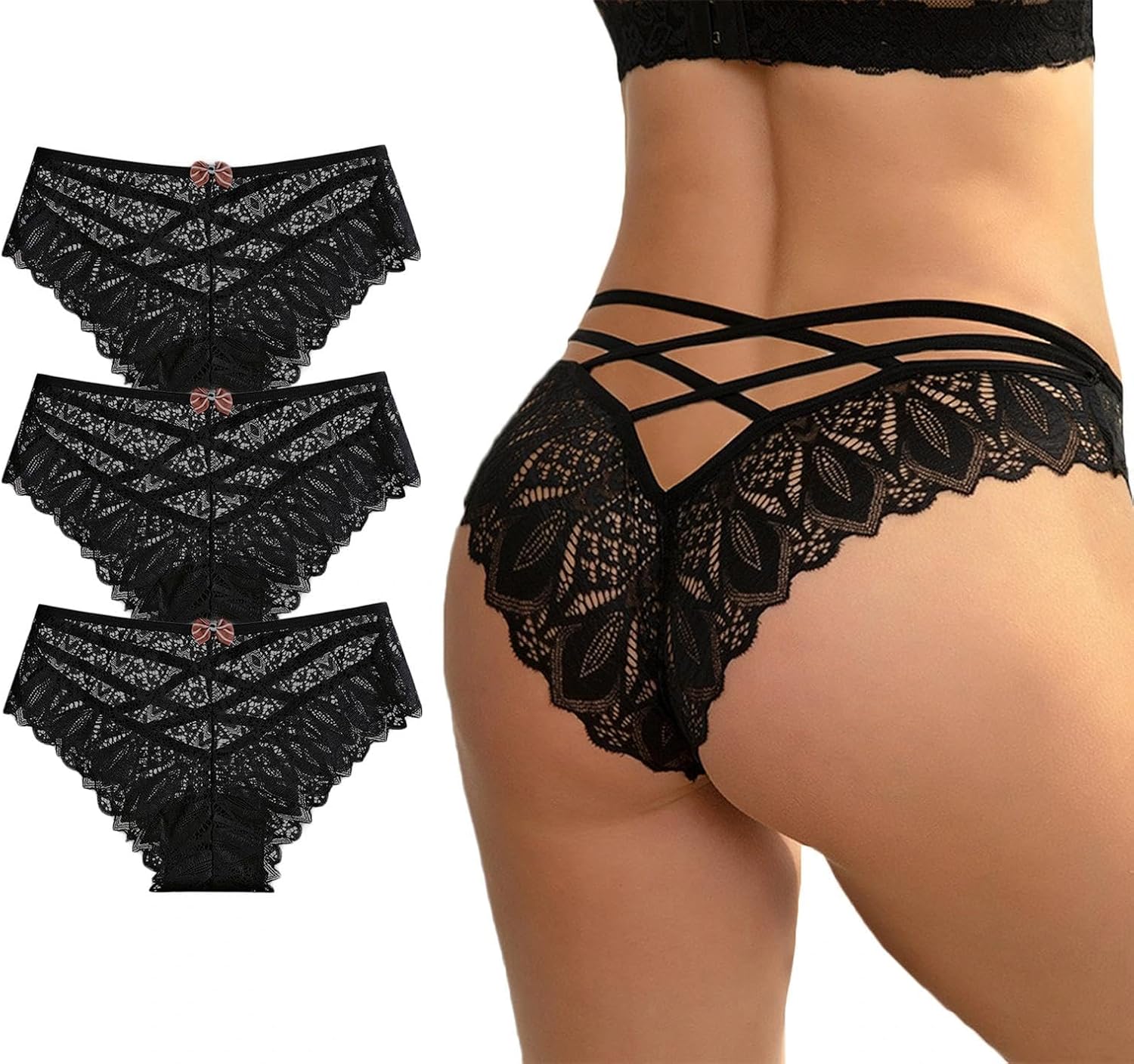 Sexy Cheeky Underwear for Women Lace Floral Bikini Criss Cross Seamless Panties Ladies Cute Hipster Briefs 3-Pack