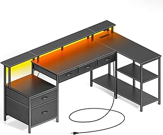 Rolanstar Schreibtisch L Form mit Schubladen, reversibler Gaming Tisch mit Steckdose, LED & Monitorständer 163 cm Computertisch für Büro Arbeitszimmer Schlafzimmer
