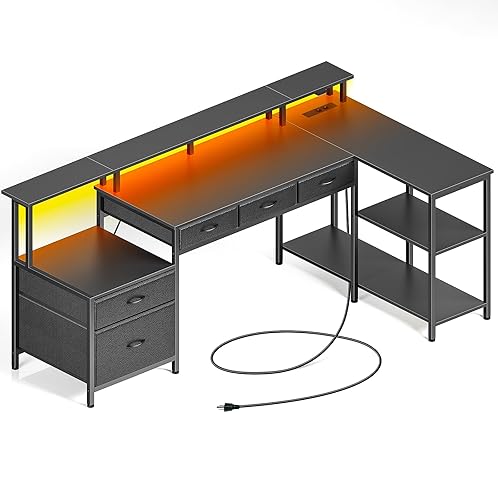 Rolanstar Schreibtisch L Form mit Schubladen, reversibler Gaming Tisch mit Steckdose, LED & Monitorständer 163 cm Computertisch für Büro Arbeitszimmer Schlafzimmer - Schwarz