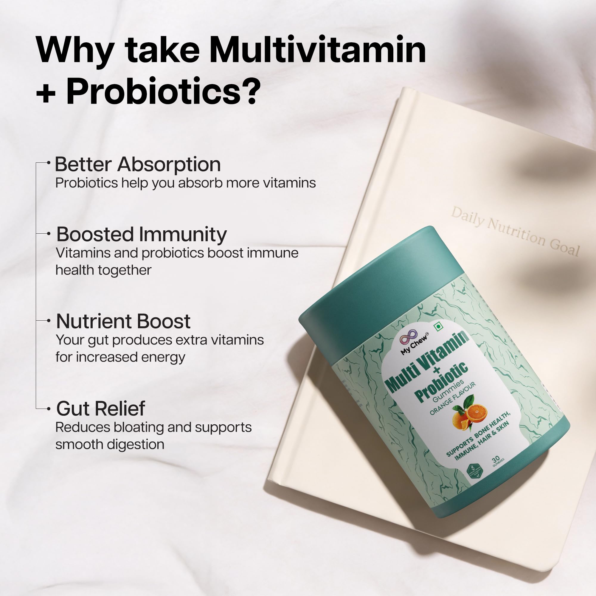 My Chew Probiotic multivitamin gummies,1 Billion CFU Clinically Proven with Vitamin D3, E, B6 & B12 Boosts Energy & Improves Immunity, 100% Vegan & Gut Friendly, 30 Gummies — Amazon image 4