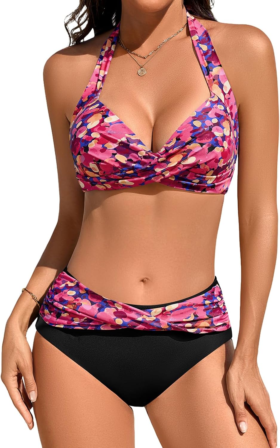 UMIPUBO Women's 2 Piece Swimsuit Bikini Swimwear Tummy Control Halter Neck Two Piece Bathing Suit for Pool Beach