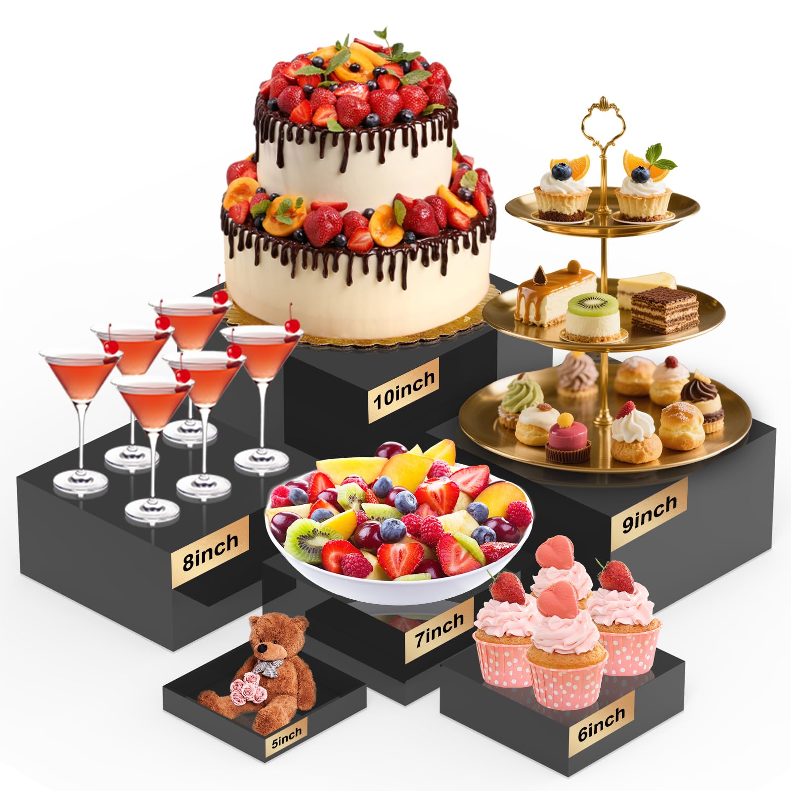 CHONOVO Buffet-Risers Set mit 6 Lebensmittel-Display-Erhöhungen für Party, schwarze Dessertständer, Acryl-Würfelboxen, Display für Buffet-Tisch, Catering, Dessert, 12,7 cm, 15,2 cm, 17,8 cm, 20,3 cm