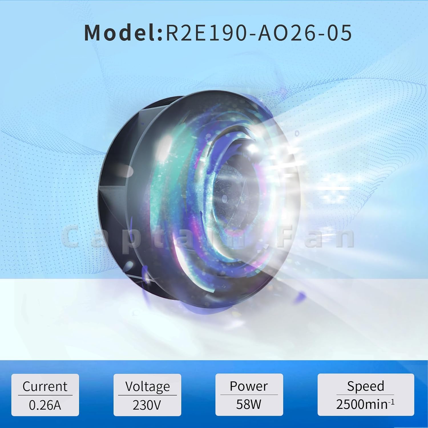 Image showing key parameters of the R2E190-AO26-05 fan: Current 0.26A, Voltage 230V, Power 58W, Speed 2500min-1.
