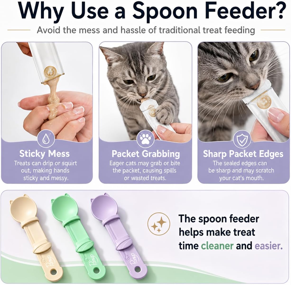 3 Pack Cat Treat Dispenser Spoon - Squeeze Cat Strip Feeder for Lickable Treats and Puree, Ergonomic Cat Treat Squeeze Spoon for Liquid Snacks & Wet Food, Mess-Free Pet Feeding Tool (Cat Round Style) image 5