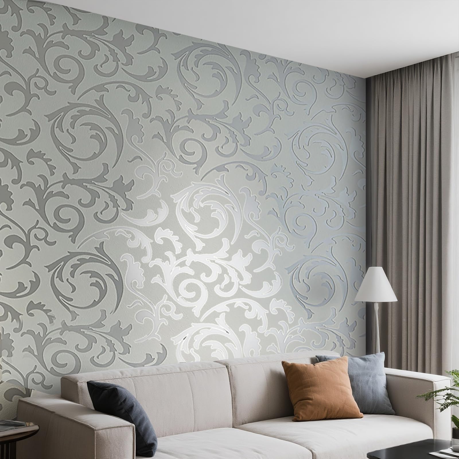 Embossed Grey Wallpaper Feature 3D Abstract Silver Glitter Curves Wallpaper, Retro Leaf Textured, for Bedroom Living Room TV Backdrop