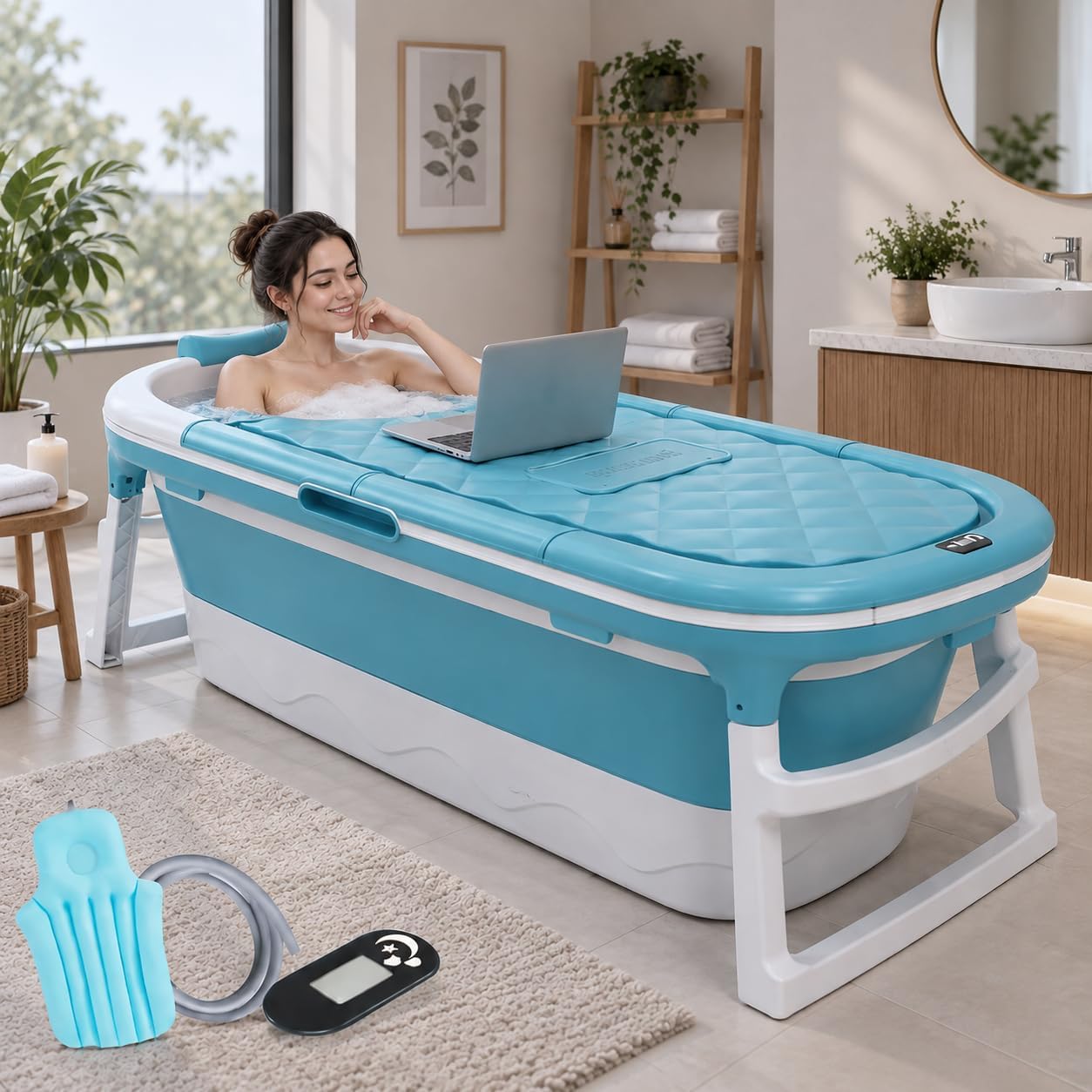 Foldable Bathtub for Adults 6 feet with Temperature Meter Bath Pillow and Drainage Hole Portable Ice Bath Tub for Bathroom Spa Soaking Tub for Hot & Cold Therapy(148 * 62 * 50, BLUE)