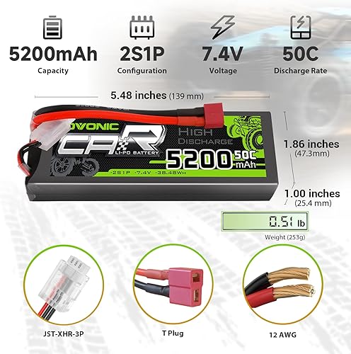 Miniatura 2 de OVONIC 2s Lipo Battery 50C 5200mAh 7.4V Lipo Batería con conector T estilo Dean para automóviles, camiones, barcos, vehículos (2 paquetes) (con