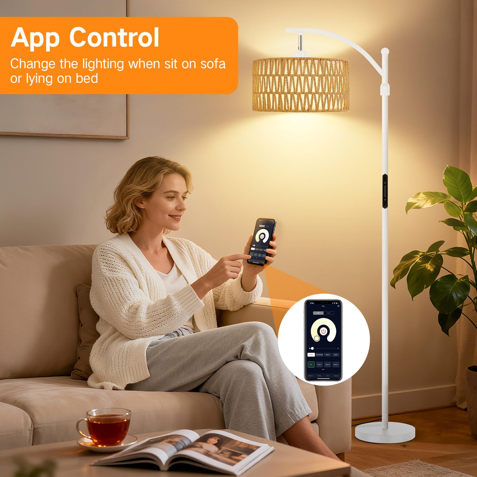 OUTON Lampa Stojąca z Rattanu do Salonu, Lampa Łukowa Boho | Aplikacja, pilot i sterowanie dotykowe, 4 temperatury barwowe, 2 klosze, LED 12 W, biała