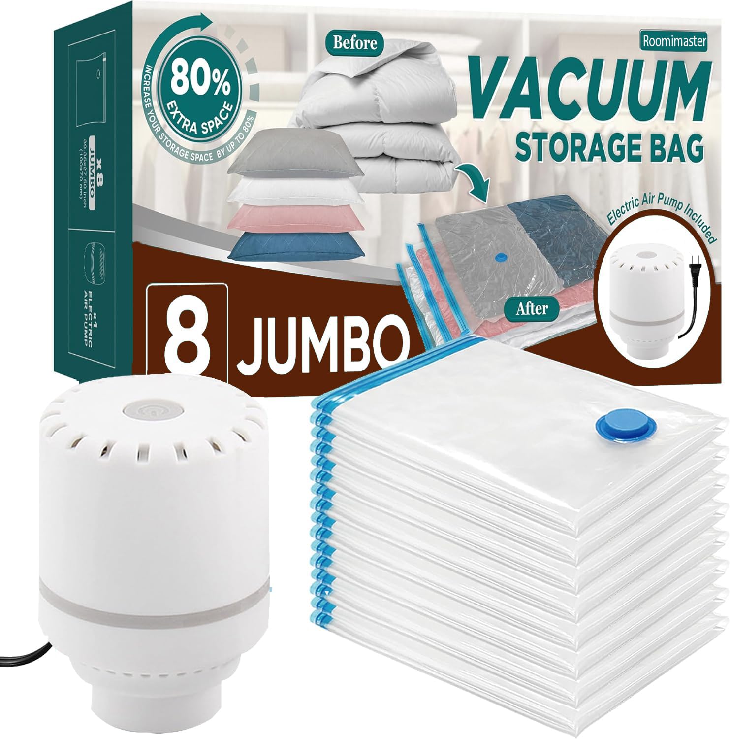 Roomimaster 8 Pack Vacuum Storage Bags with Electric Pump, Space Saver Bag Vacuum Seal Bags with Pump, Space Bag, Vacuum Sealer Bags for Clothes, Comforters, Blankets, Bedding (8 JUMBO)