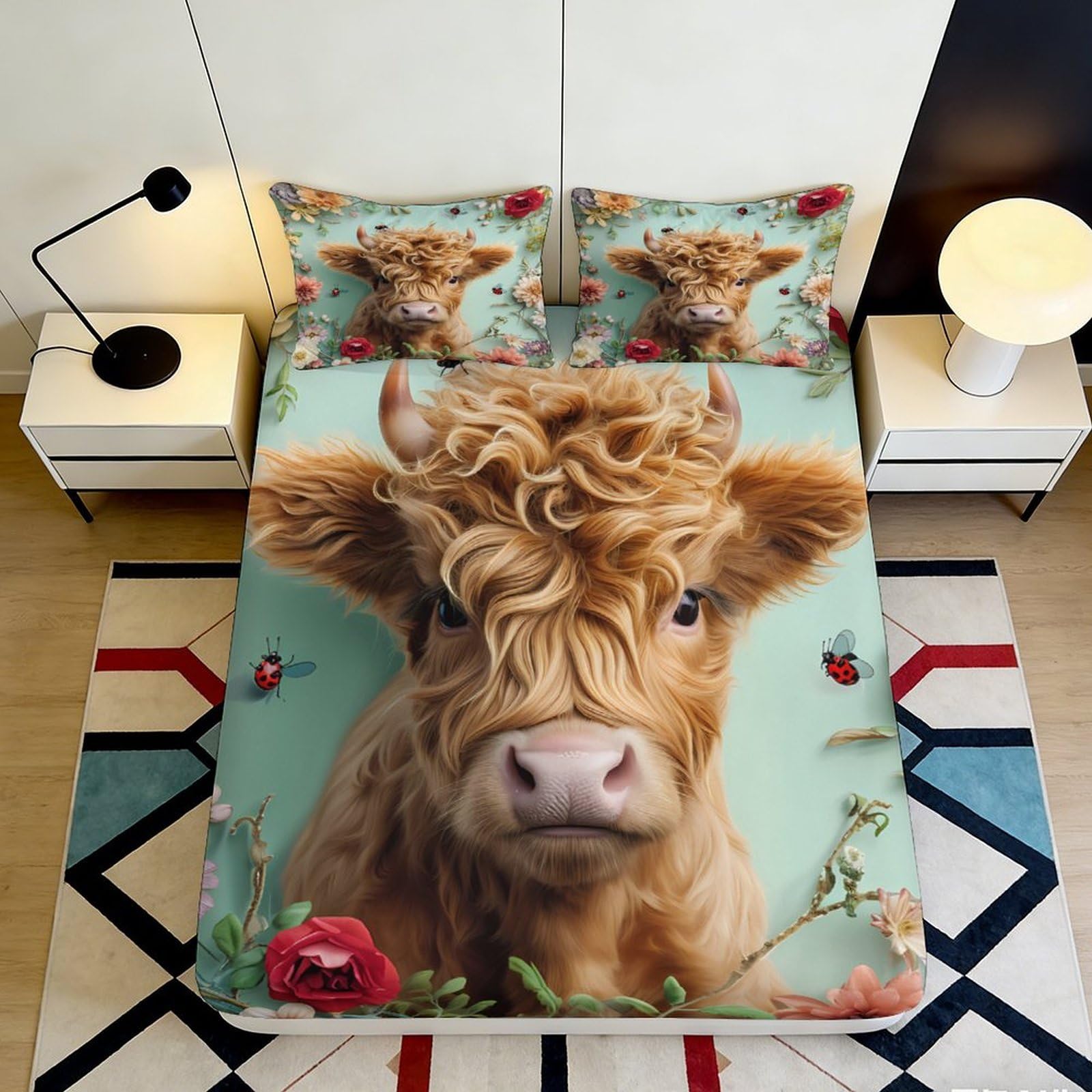 Dhbaneiok Style-6 3D Printed Highland Cow Fitted Sheet Microfiber Soft Breathable Wildflower Mattress Cover For Bedroom Dorm Decor 90X200x25cm