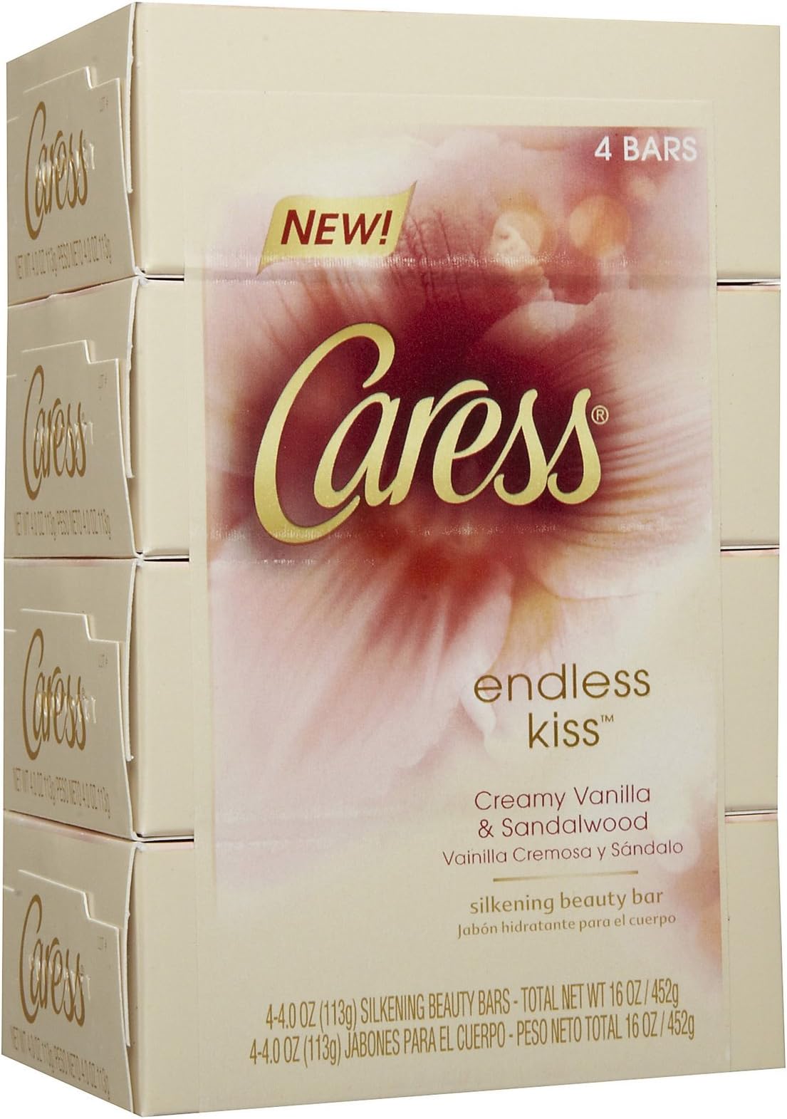 Caress Beauty Bar, Endless Kiss Creamy Vanilla and Sandalwood 3.14 Ounce, 4-Bar