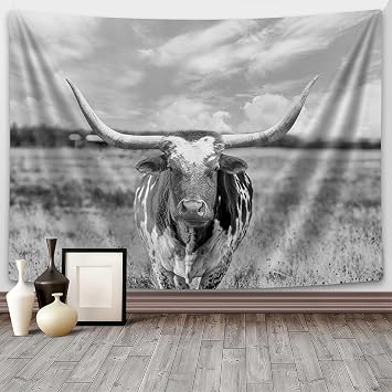 Longhorn Cow Tapestry, Black and White Rural Pasture Texas Longhorn Steer in Rural Utah Usa Tapestry Wall Hanging, Western Rustic Wall Tapestry for Bedroom Living Room Dorm TV Background , 60X40IN