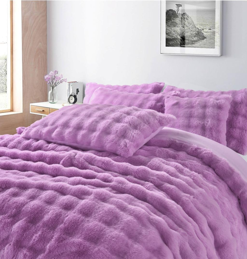 Square Teddy Fleece Bedding Set Luxury Fluffy Ultra Soft Duvet Cover with Pillowcases Thick Warm Cosy Winter Quilt Cover Premium Plush Teddy Extra Warm Bedding Set (Liliac, Blanket - 150x200cm)