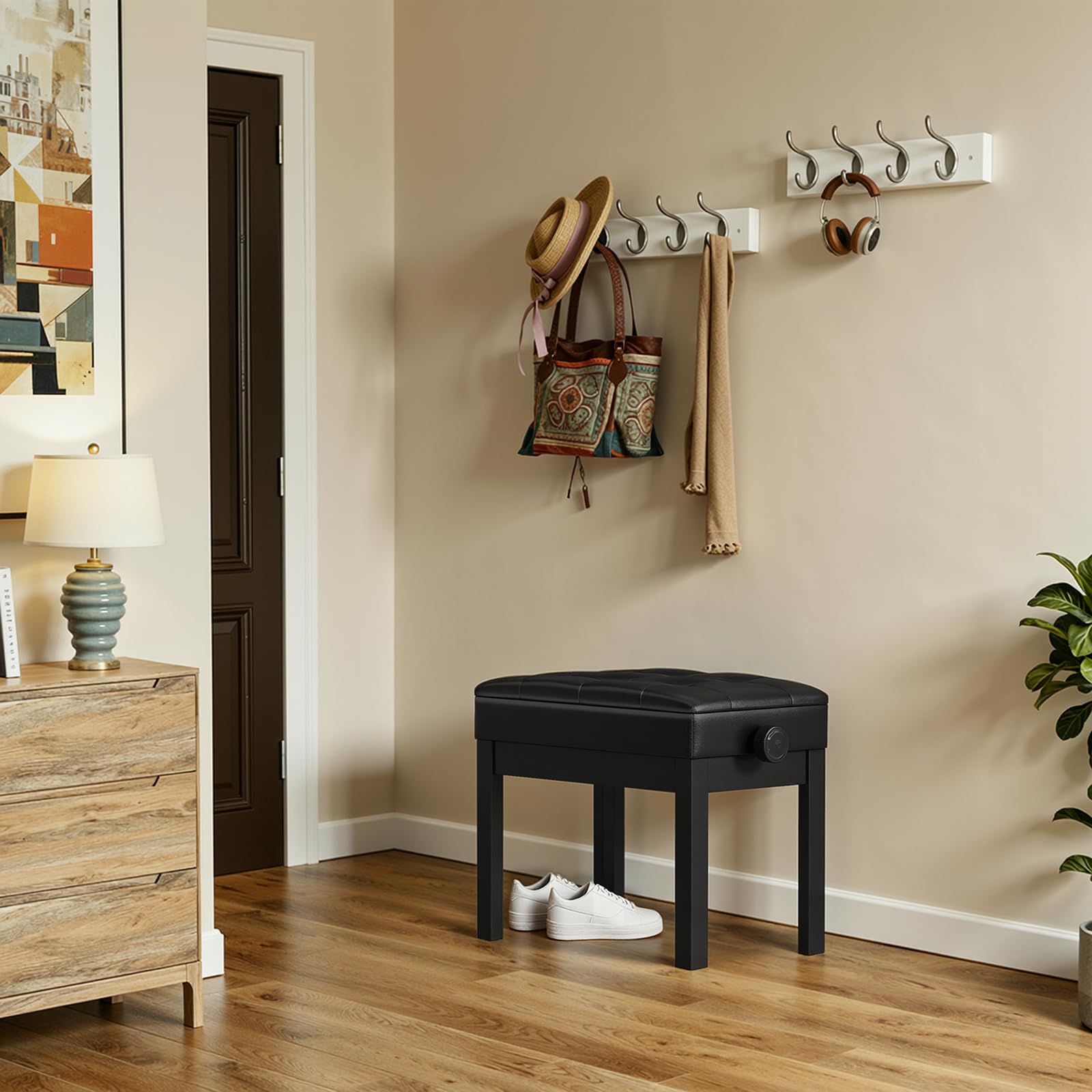 Clevich Klavierhocker Höhenverstellbar 48-58CM, Pianobank mit Stauraum 57.5 * 35.5 * 48cm, Klavierbank mit PU Lederkissen, Klavierstuhl Heavy Duty, Tastatur Piano Bench bis 150KG Belastbar, Schwarz