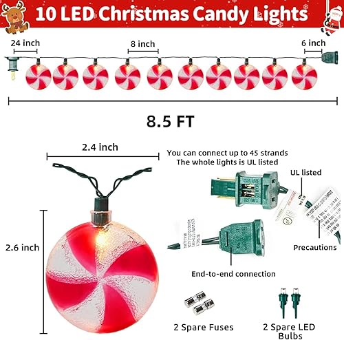Miniatura 2 de Luces de decoración para árbol de Navidad, 8.5 pies de cadena de luces de caramelo con 10 bombillas de caramelo, adornos de Navidad para interiores,
