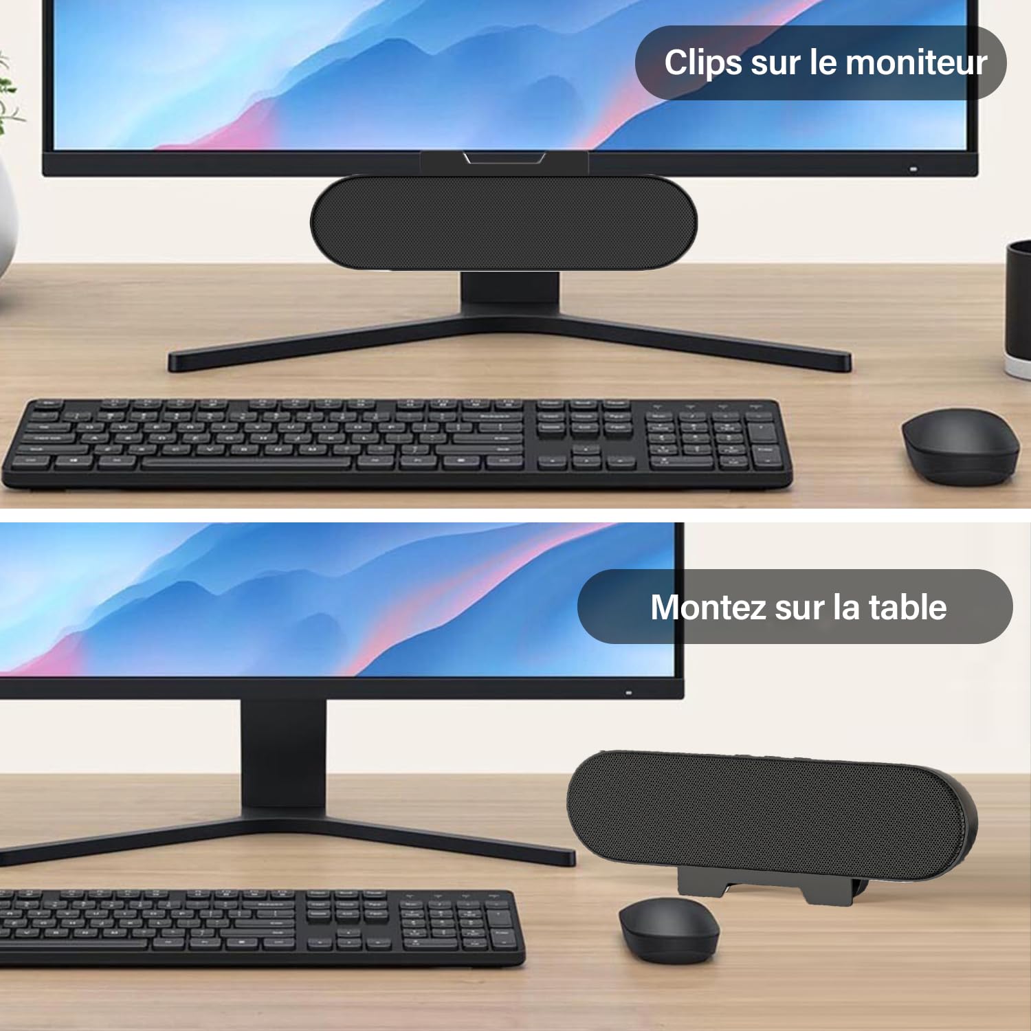 ZETIY Haut-Parleur USB, Enceinte PC pour Moniteur Portable, Mini Barre de Son avec Clipser pour Ordinateur Portable, Ordinateur de Bureau, Téléphone, Tablette - Plug & Play （Noir）