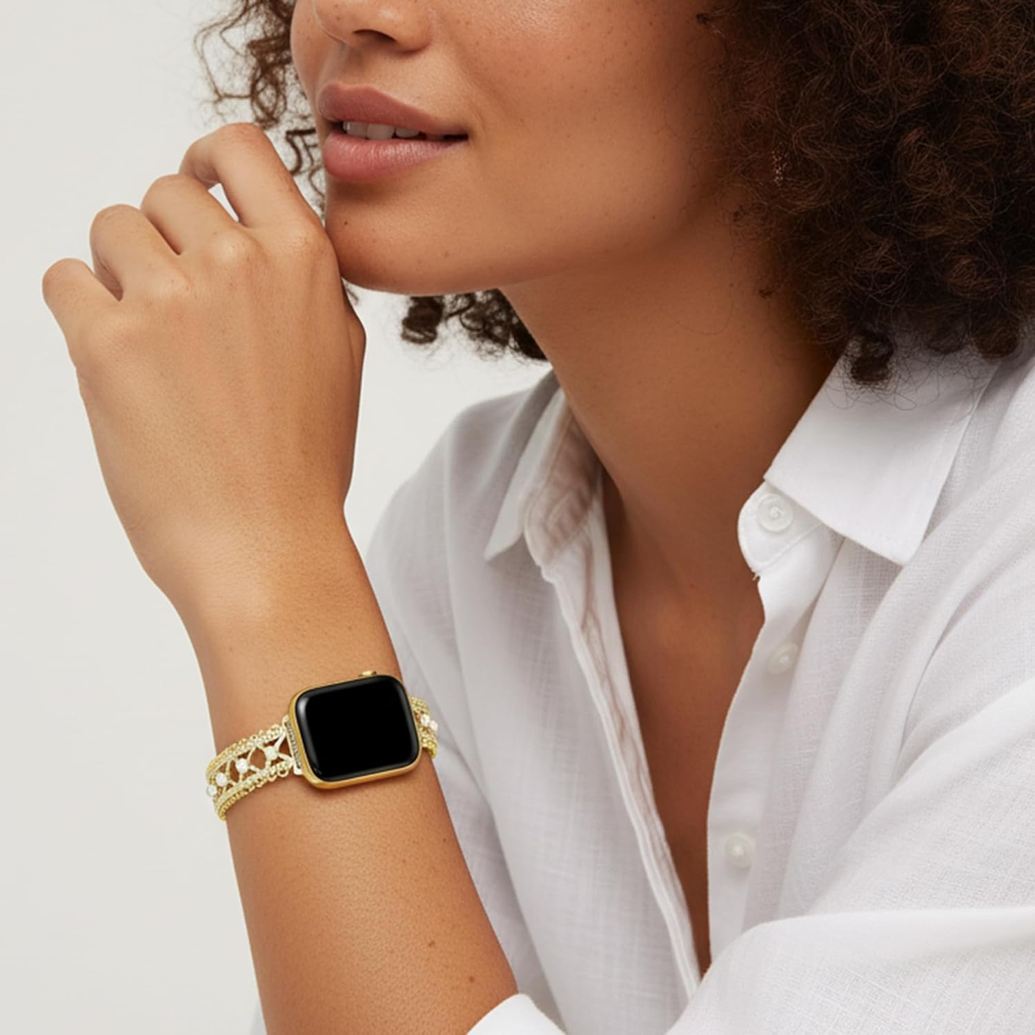 Lace-Inspired Copper Watch Band for Women Compatible with Apple Watch 38/40/41/42/44/45/46/49mm, for iWatch Series 11/10/9/8/7/6/5/4/3/2/1 Ultra3 SE, Pearl Metal Bracelet