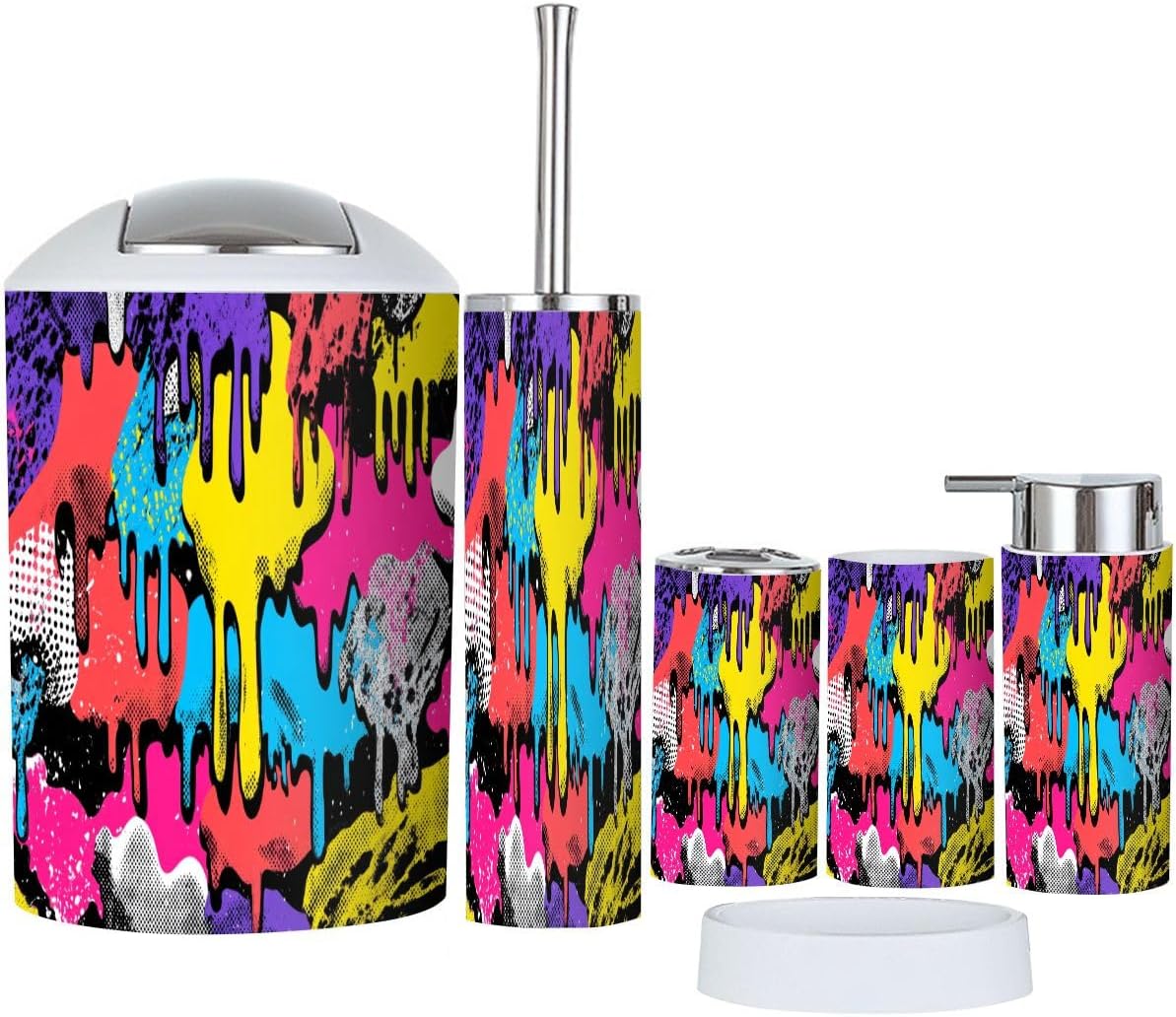 Bathroom Accessory Set 6 Piece Comic Dripping blots pop Art Graffiti Style Funky Paint Drips Staines Toothbrush Holder, Toothbrush Cup, Soap Dispenser, Soap Dish, Toilet Brush Holder, Trash can