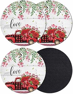 Valentine's Day Coasters Set of 4, Absorbent Coasters for Drinks, Red Plaid Truck Roses Love Leaves Wood Coaster for Desk Coffee Table Protection, Home Decor House Warming Gifts 4"