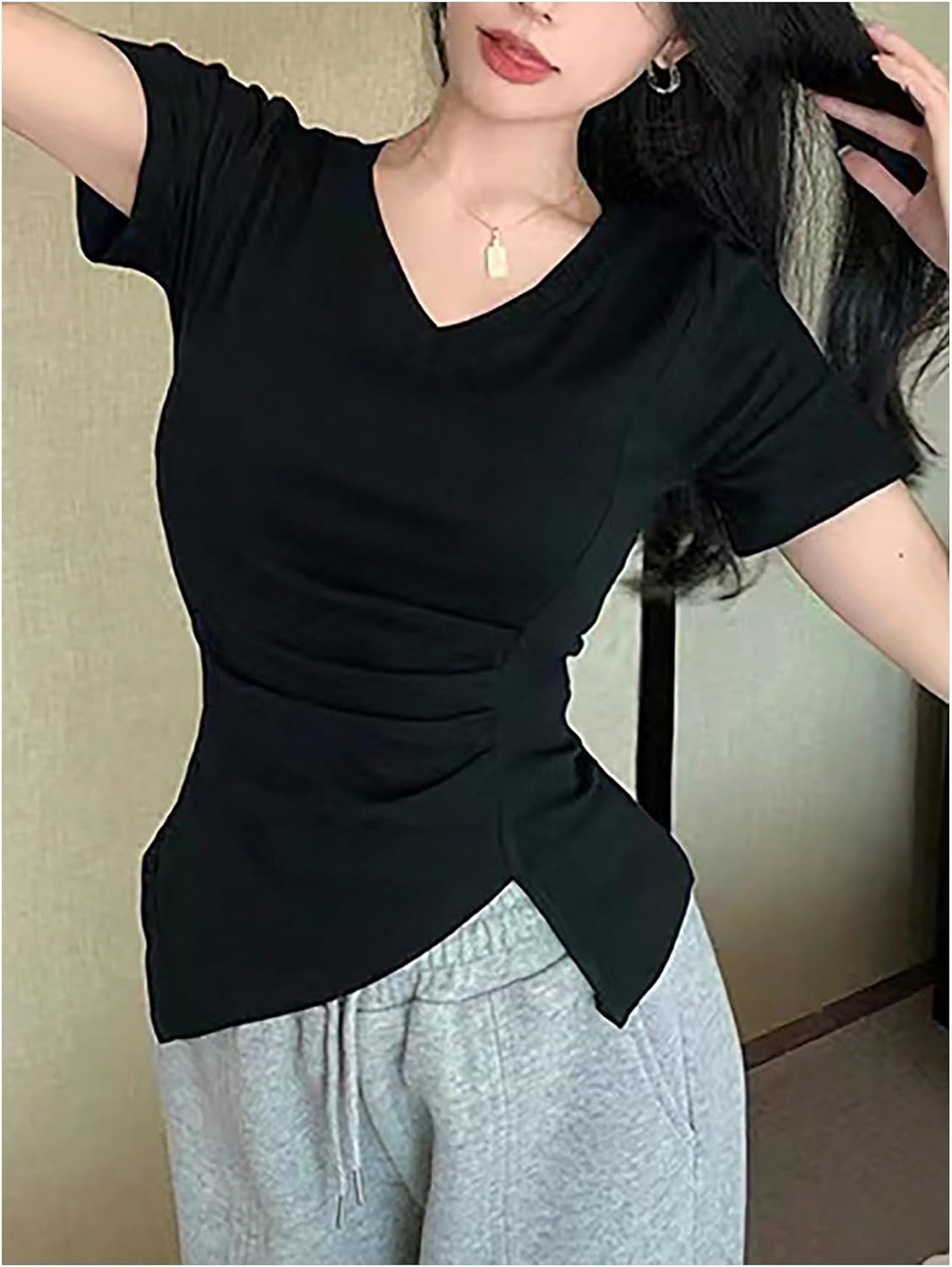 SweatyRocks Women's Ruched V Neck T Shirts Asymmetrical Short Sleeve Fitted Summer Tops - Image 3