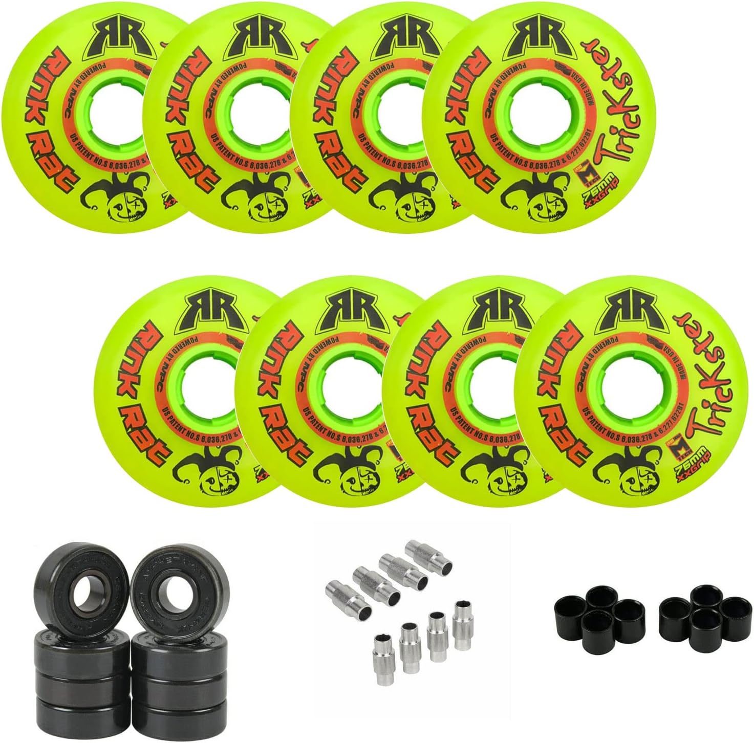 Trickster Roller Hockey Wheels 76/80 Hilo 79A + Hybrid Ceramic Bearings, Green/Red