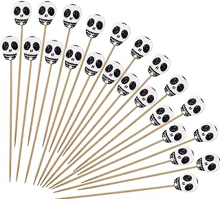 Lot de 100 brochettes à cocktail en bois - Motif tête de mort - 12 cm - Décoration de cocktail - Motif tête de mort - Pour fête - Pour fromage et muffin