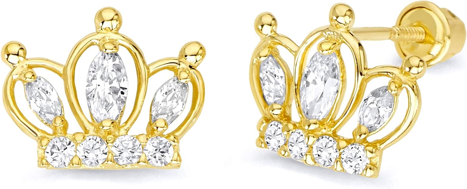 14k Yellow Gold Crown Stud Earrings with Screw Back - 2 Different Color Available
