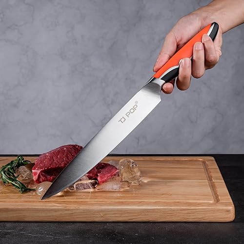 Miniatura 3 de TJ POP Cuchillo para tallar carne, cuchillo de rebanar de 8 pulgadas, diseño de espiga completa, hoja de acero alemán HC, mango antideslizante de