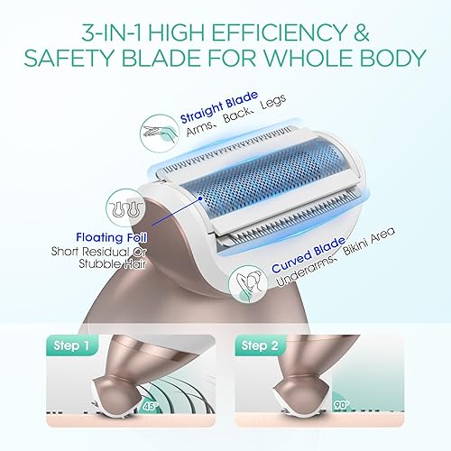 Miniatura 3 de VOYOR Maquinillas de afeitar eléctricas para mujer, recortadora de bikini 4 en 1, afeitadora de aluminio para mujer, 4 cabezales de repuesto para