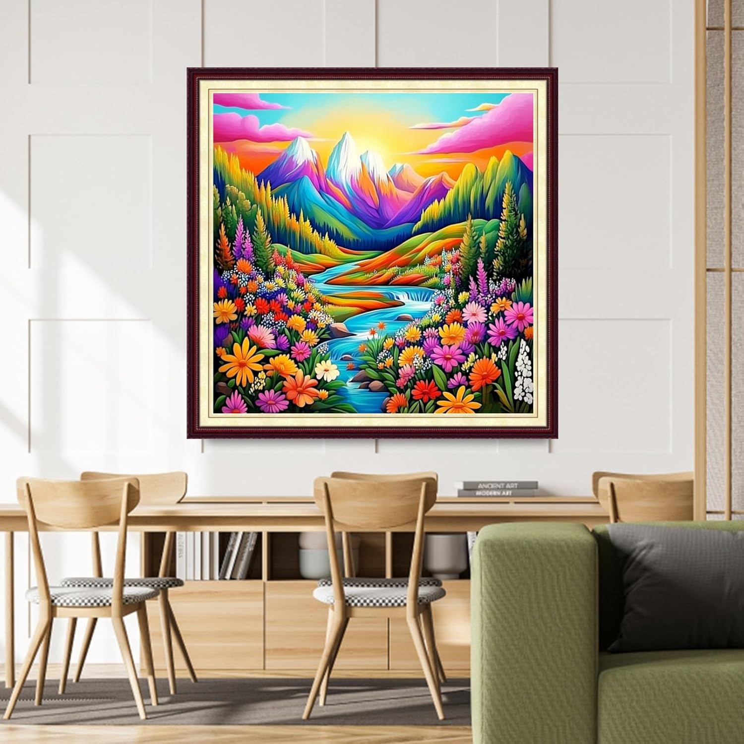 Stamped Cross Stitch Kits for Adults 11CT Printed Cross-Stitch Patterns Embroidery Kits Easy Cross Stitching Needlepoint Kits&Mountains, rivers, flowers and plants 18x18 inch