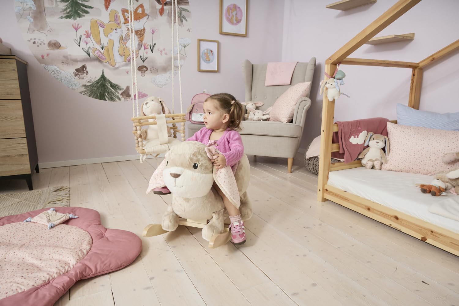 Sterntaler Schaukeltier Hase Hanni - Schaukelpferd aus Flausch & Holz - weiche Sitzfläche - Spielzeug Wippe für Kleinkind - Mädchen - Indoor Geschenk-Idee, Hellbraun