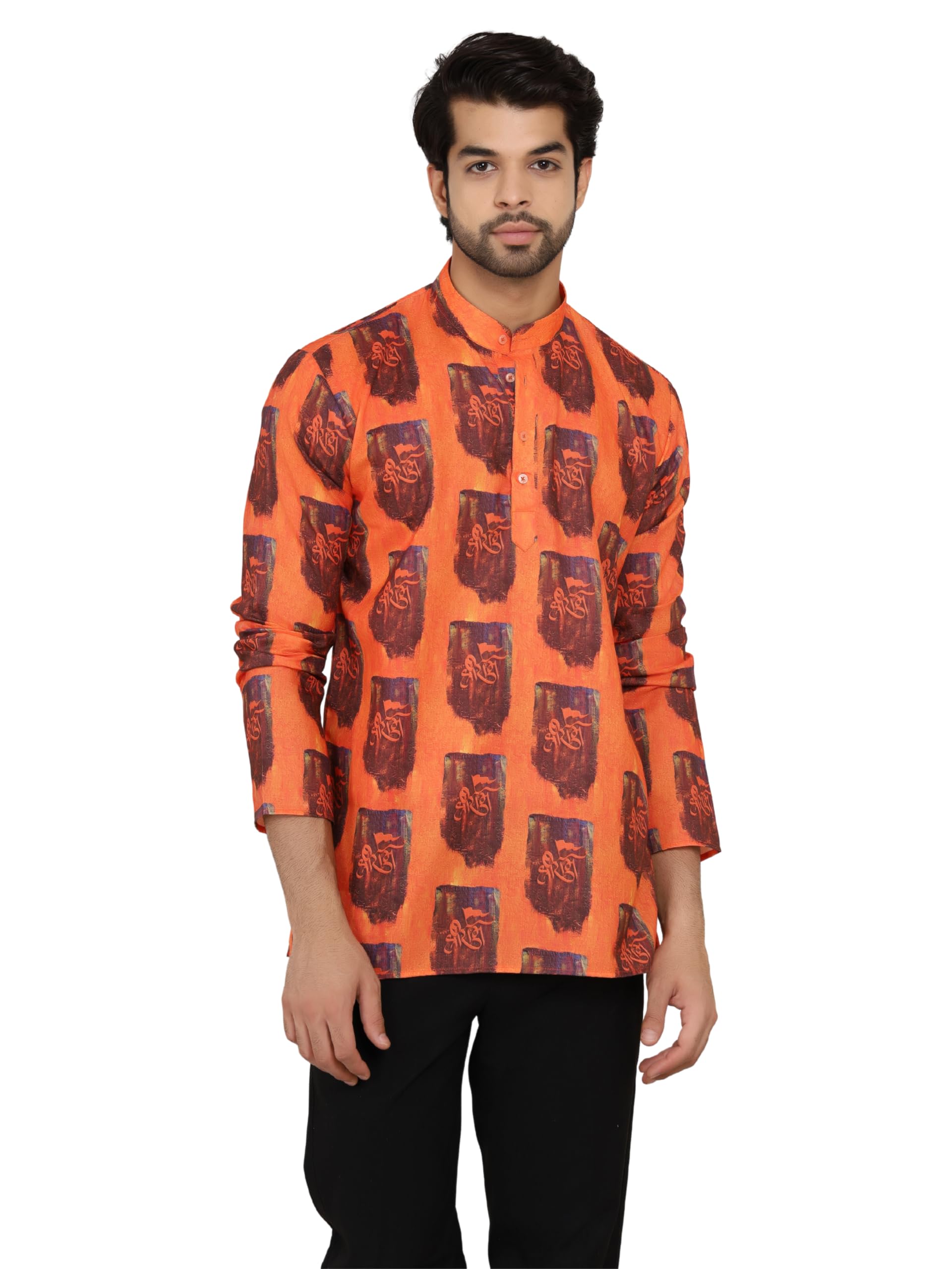 zymin Shree Ram Cotton Blend Half Sleeve Mandrin Collor Short Length Religious Occasion Wear Worship Wear Ethnic Kurta for Men-picture-57