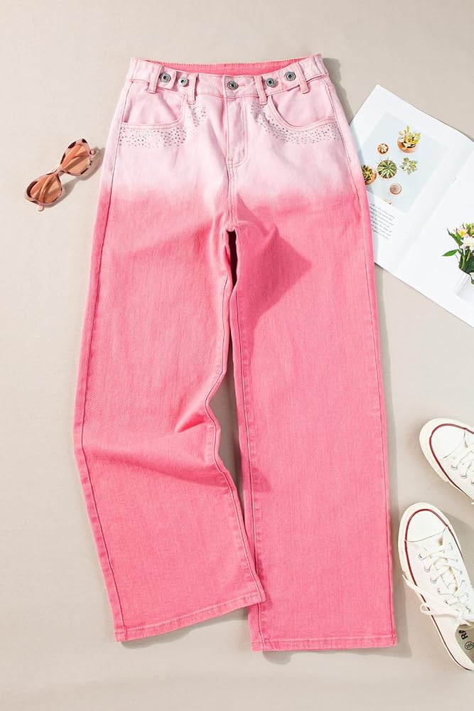 ZhiHiMeRi Women's Pink Rhinestone Gradient Denim Wide Leg