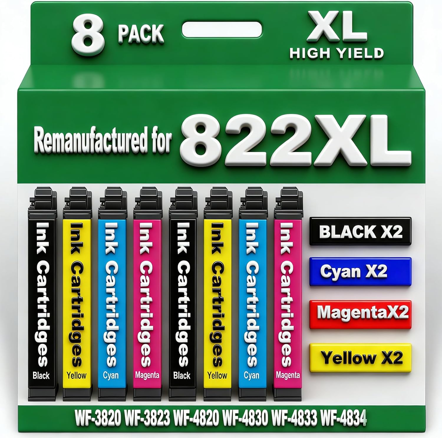 for 822XL Remanufactured for Epson 822XL Ink cartridges Combo Pack 8 Pack for 822 T822 XL for Workforce Pro WF-3820 WF-3823 WF-4820 WF-4830 WF-4833 WF-4834 2 Black 2 Cyan 2 Magenta 2 Yellow