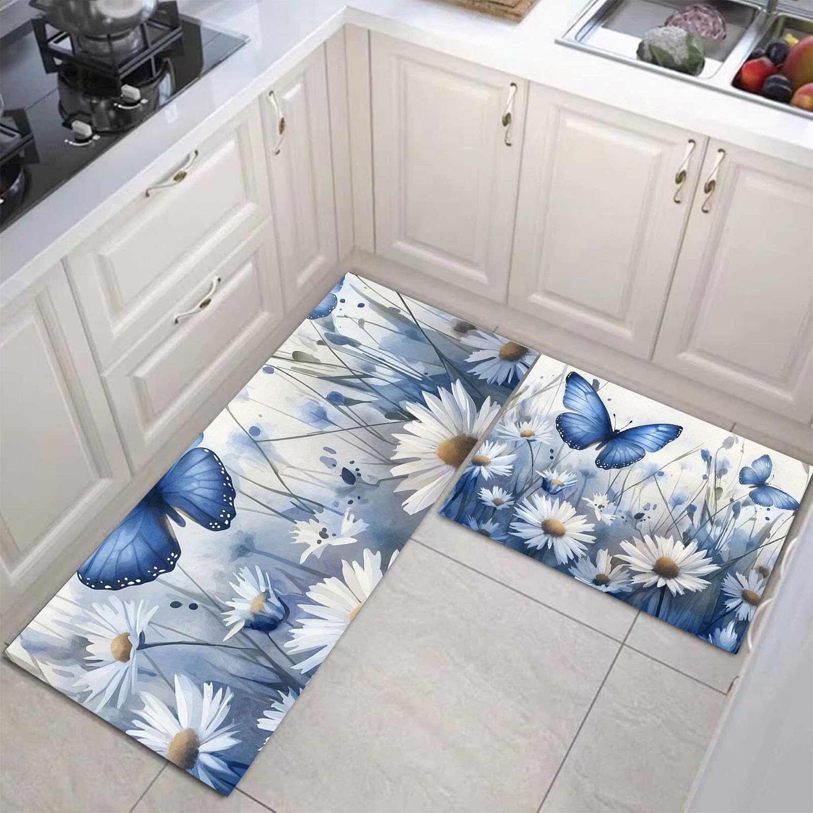 Juegos de alfombras de cocina JEDTAKCT lavables 2 piezas de color índigo con margarita y mariposa