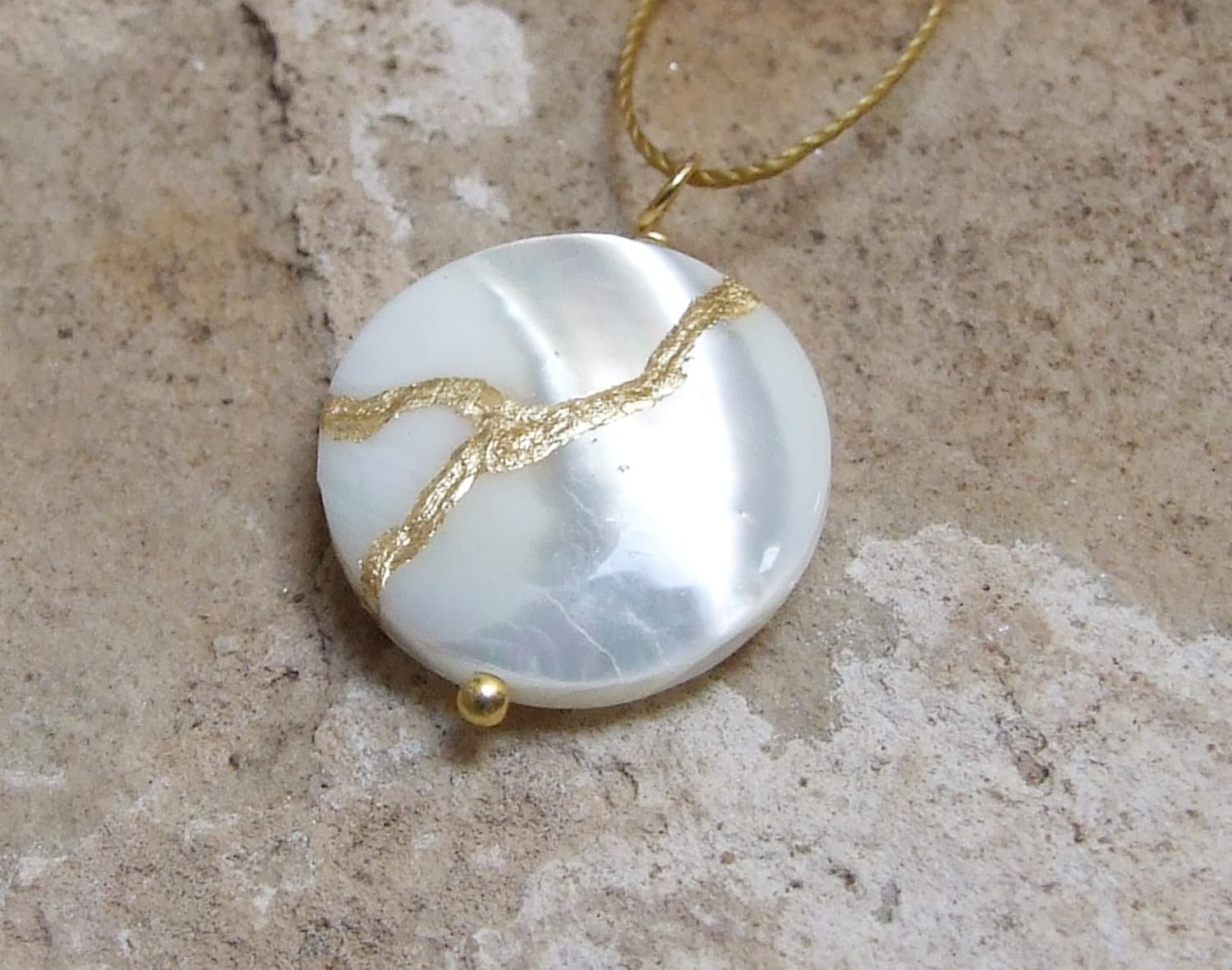 20mm Mother-of-Pearl Recovery Pendant Mended with 23k Gold, Kintsugi Cord Necklace
