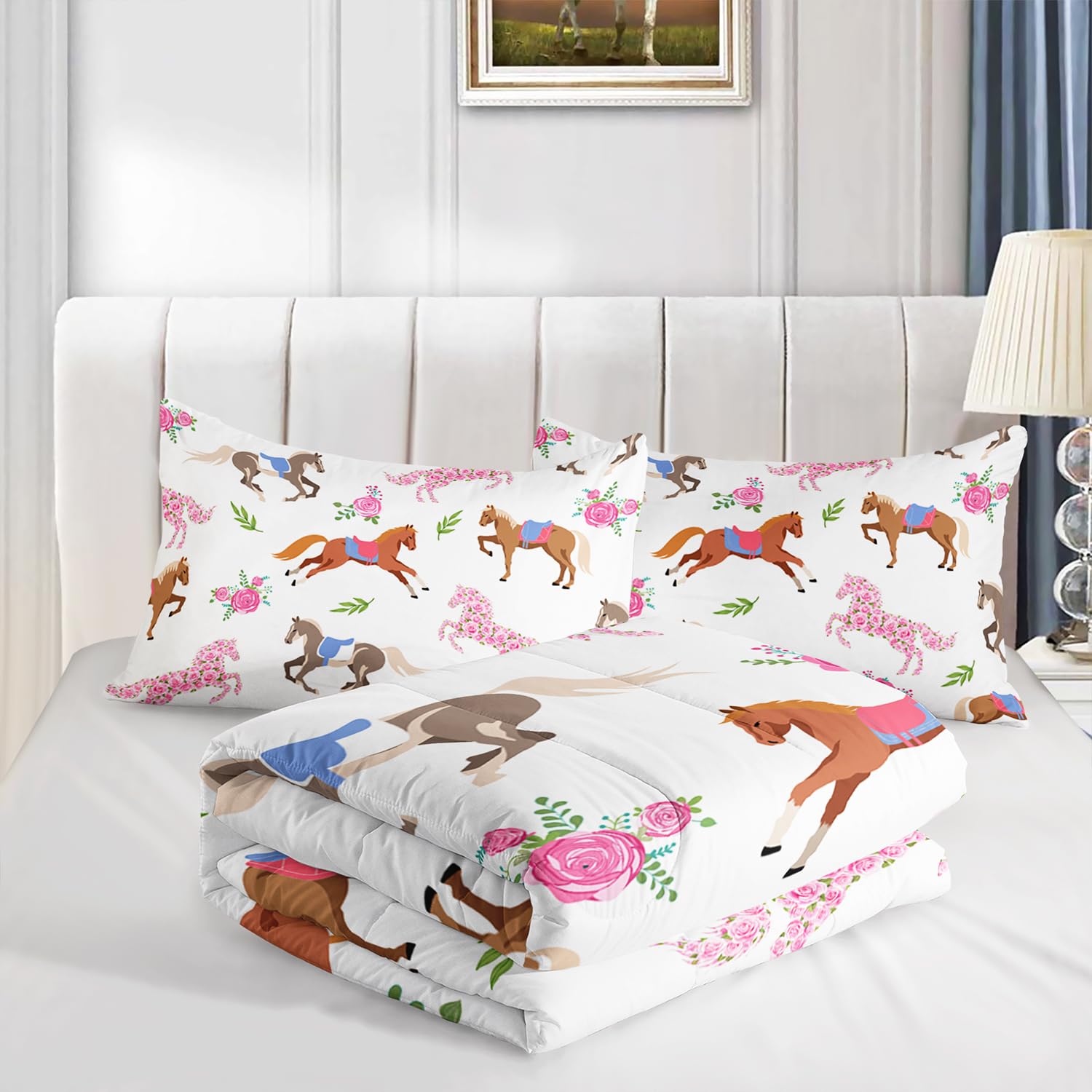 HOSIMA Juego de edredón Kawaii de caballo rosa rosa, ropa de cama de caballo lindo animal para niñas y adolescentes, decoración estética de habitación, juego de ropa de cama de princesa para niños