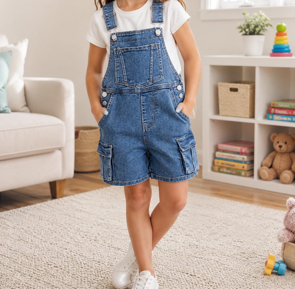 KIDSCOOL Girls Denim Cargo Overall Shorts Big Kids Jean Shorts Jumpsuit | Girls denim cargo shorts, kids classic jean overalls romper, youth bib shortalls dungarees, big child summer teen outfit