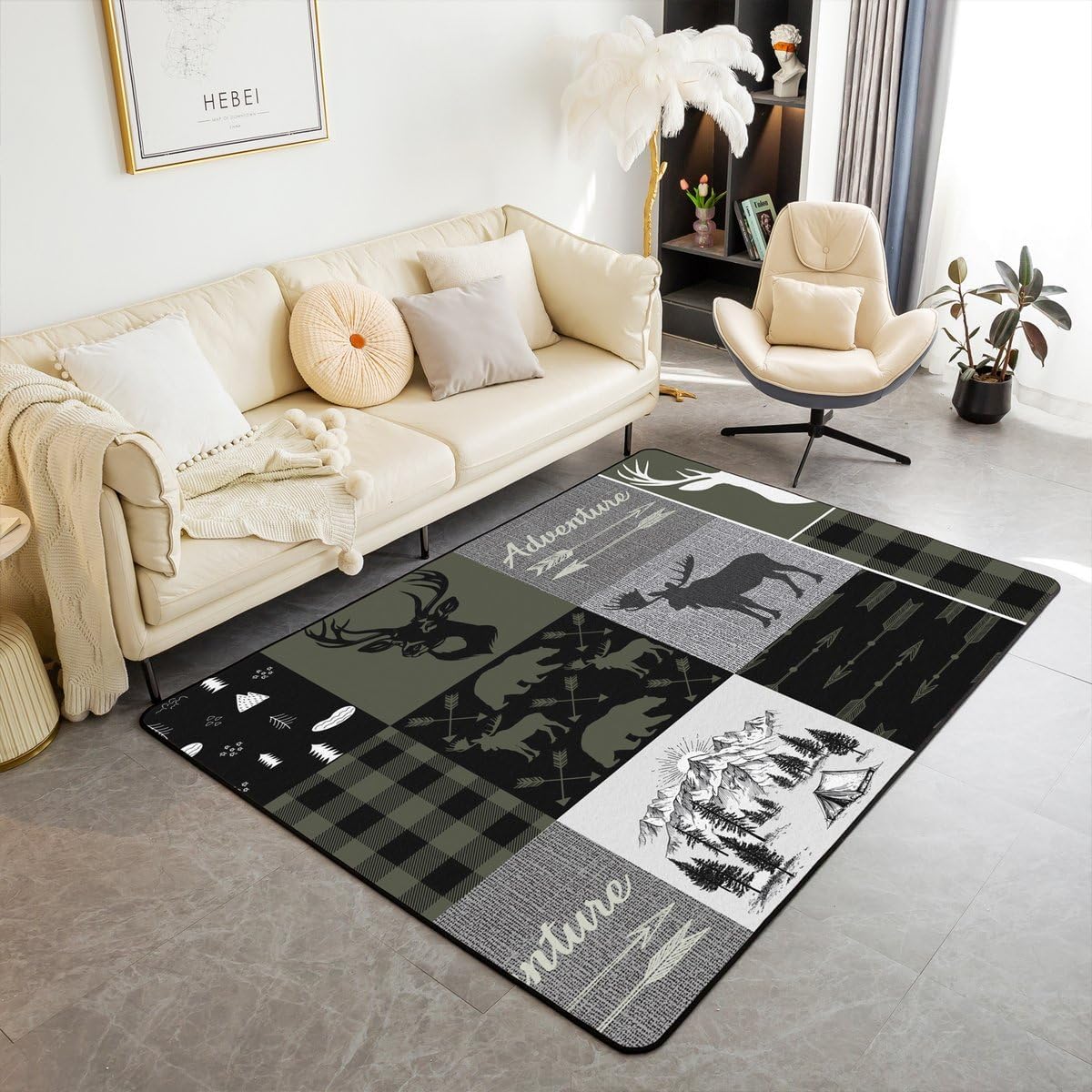 Buffalo Plaid Rug for Boys Girls, Woodland Bear Moose Area Rugs 4x5, Red Black Grey Hunting Animal Elk Non Slip Carpet for Bedroom, Vintage Deer Cabin Decorative Rug for Adult Men