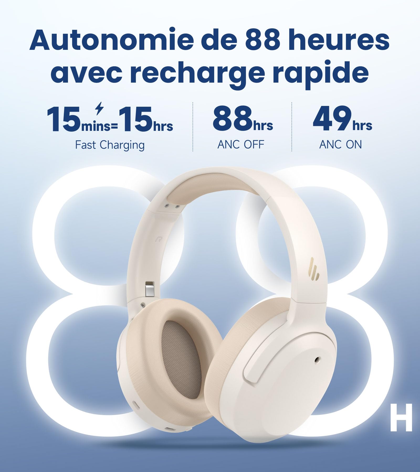 Edifier W820NB Plus Gen 2-Casque Audio Over-Ear Sans Fil Pliable à Réduction de Bruit(ANC -49 dB), LDAC Hi-Res, Autonomie 88h, Son Spatial, Appels Clair AI, Bluetooth V6.1, Multipoint Connexion-Ivoire